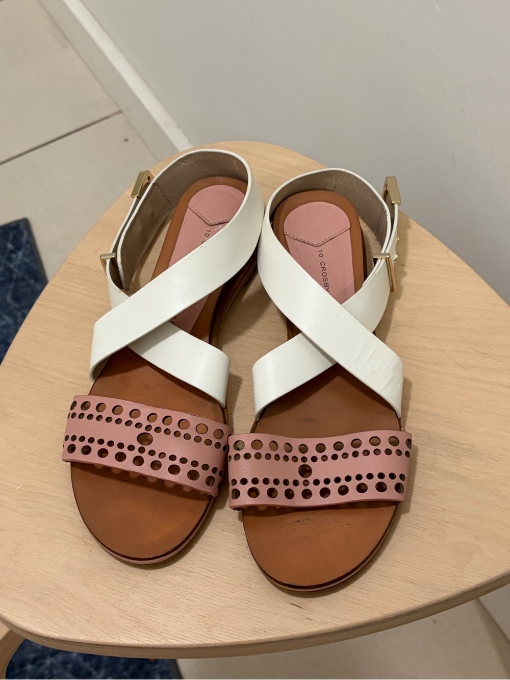 10 Crosby Derek Lam White & Pink Leather Cross-Strap Sandals. Size 6.5